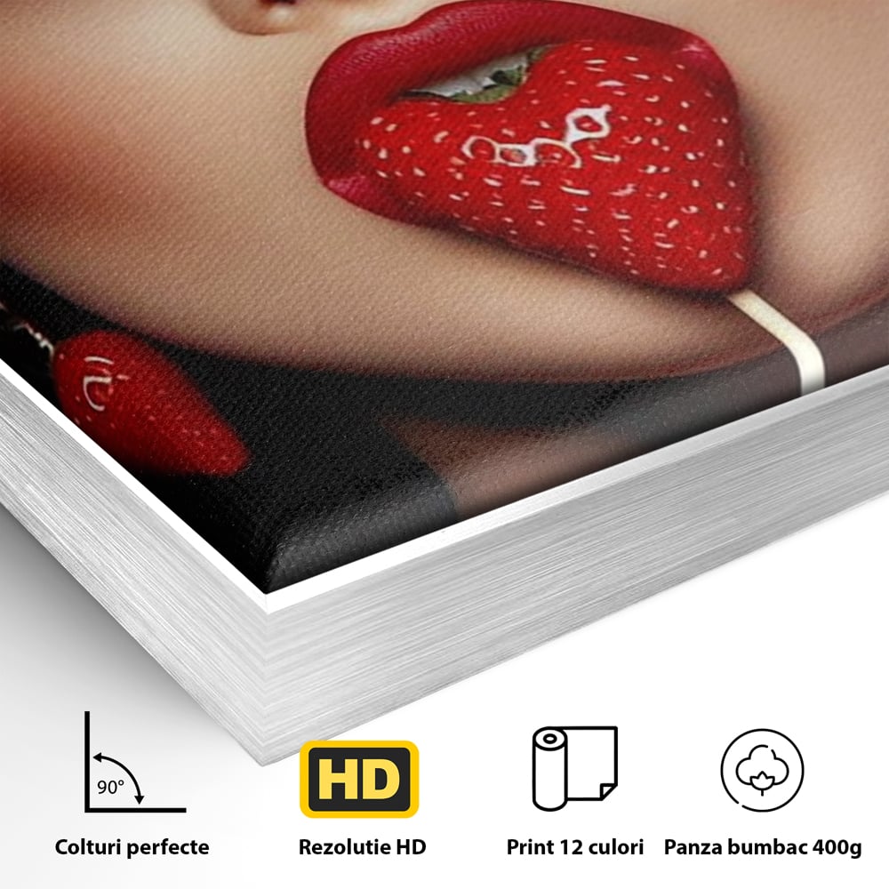 Tablou Canvas Premium, LuxCanva® P1044, Sarutul Capsunii, Sarut, Tentatie, Rosie, Buze, Fruct, Capsuna, Aroma, Gust, Seductie, Glam, Provocator, Senzualitate, Living, Dormitor