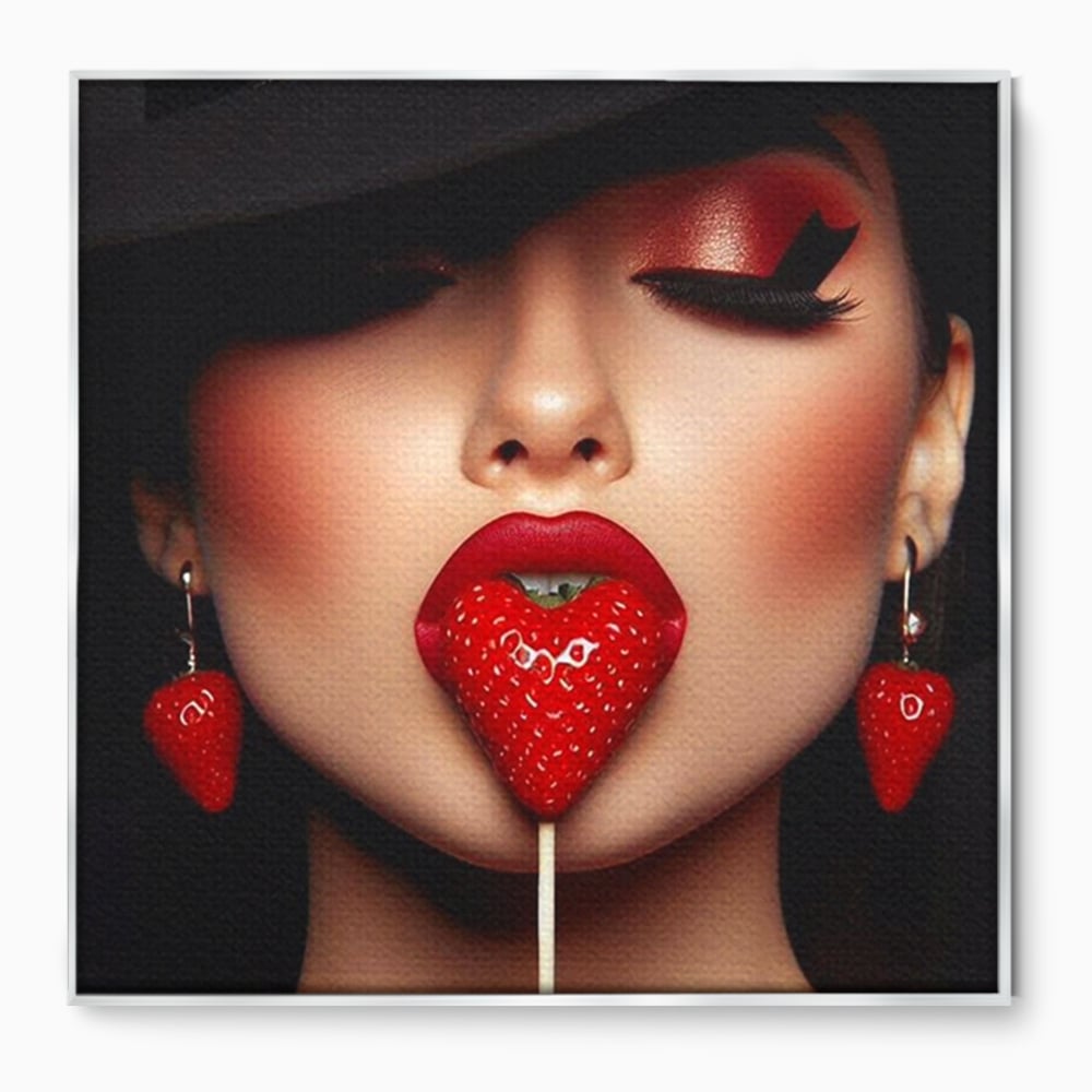 Tablou Canvas Premium, LuxCanva® P1044, Sarutul Capsunii, Sarut, Tentatie, Rosie, Buze, Fruct, Capsuna, Aroma, Gust, Seductie, Glam, Provocator, Senzualitate, Living, Dormitor