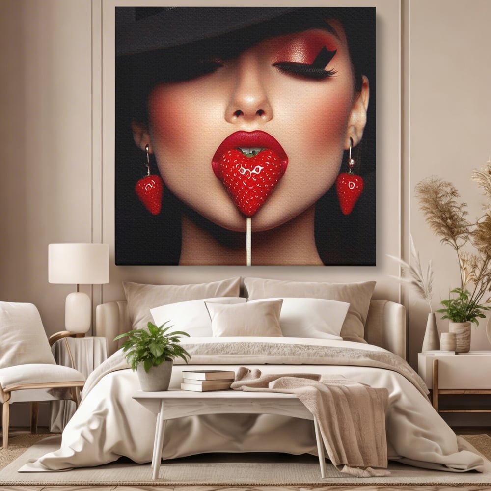 Tablou Canvas Premium, LuxCanva® P1044, Sarutul Capsunii, Sarut, Tentatie, Rosie, Buze, Fruct, Capsuna, Aroma, Gust, Seductie, Glam, Provocator, Senzualitate, Living, Dormitor