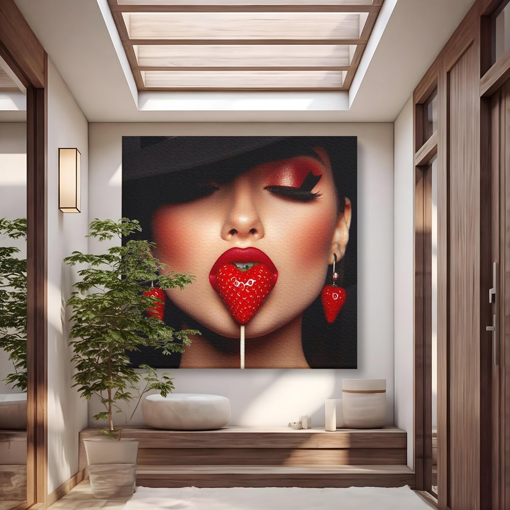 Tablou Canvas Premium, LuxCanva® P1044, Sarutul Capsunii, Sarut, Tentatie, Rosie, Buze, Fruct, Capsuna, Aroma, Gust, Seductie, Glam, Provocator, Senzualitate, Living, Dormitor
