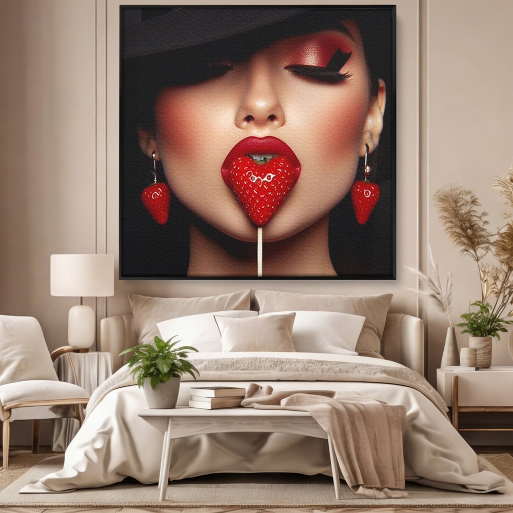 Tablou Canvas Premium, LuxCanva® P1044, Sarutul Capsunii, Sarut, Tentatie, Rosie, Buze, Fruct, Capsuna, Aroma, Gust, Seductie, Glam, Provocator, Senzualitate, Living, Dormitor