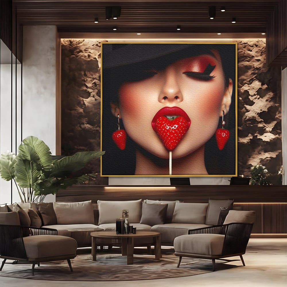 Tablou Canvas Premium, LuxCanva® P1044, Sarutul Capsunii, Sarut, Tentatie, Rosie, Buze, Fruct, Capsuna, Aroma, Gust, Seductie, Glam, Provocator, Senzualitate, Living, Dormitor