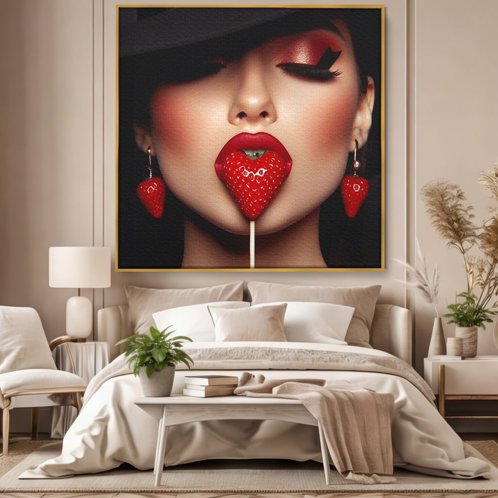 Tablou Canvas Premium, LuxCanva® P1044, Sarutul Capsunii, Sarut, Tentatie, Rosie, Buze, Fruct, Capsuna, Aroma, Gust, Seductie, Glam, Provocator, Senzualitate, Living, Dormitor