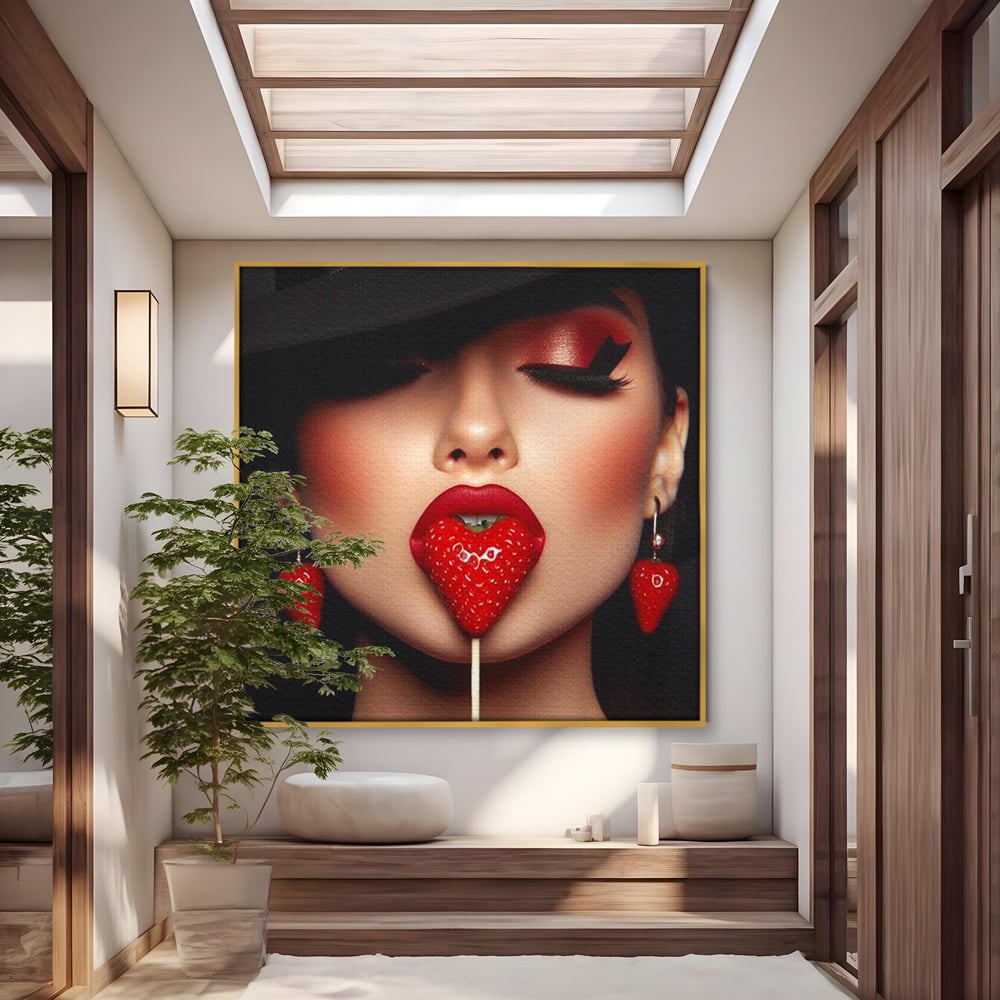 Tablou Canvas Premium, LuxCanva® P1044, Sarutul Capsunii, Sarut, Tentatie, Rosie, Buze, Fruct, Capsuna, Aroma, Gust, Seductie, Glam, Provocator, Senzualitate, Living, Dormitor