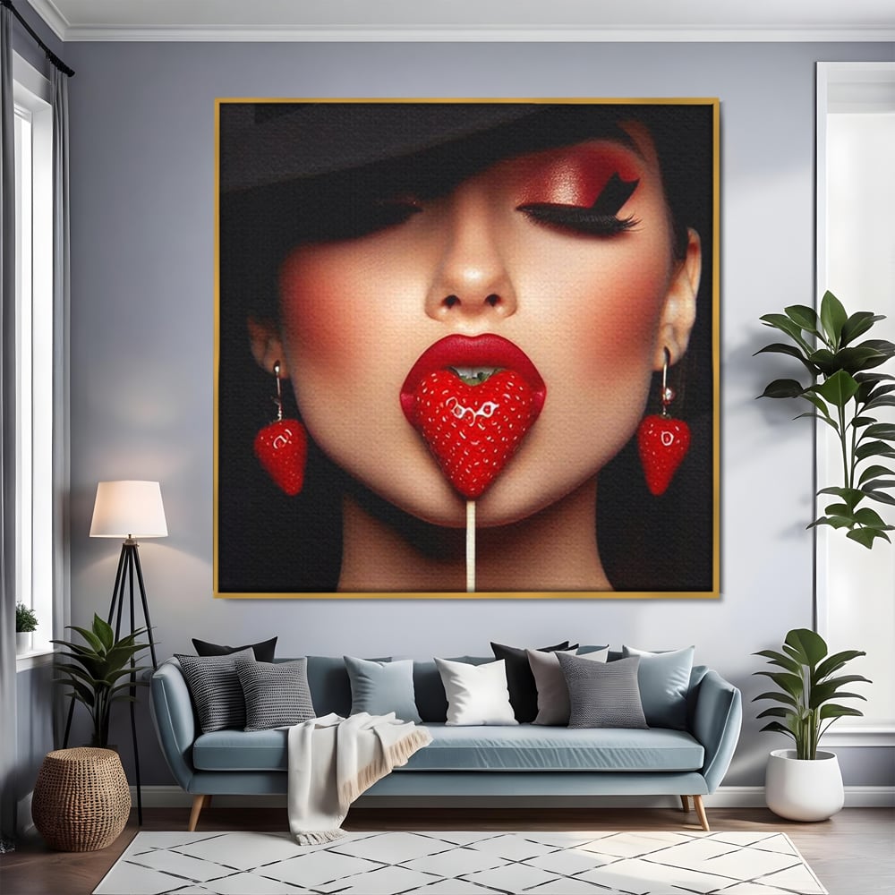 Tablou Canvas Premium, LuxCanva® P1044, Sarutul Capsunii, Sarut, Tentatie, Rosie, Buze, Fruct, Capsuna, Aroma, Gust, Seductie, Glam, Provocator, Senzualitate, Living, Dormitor