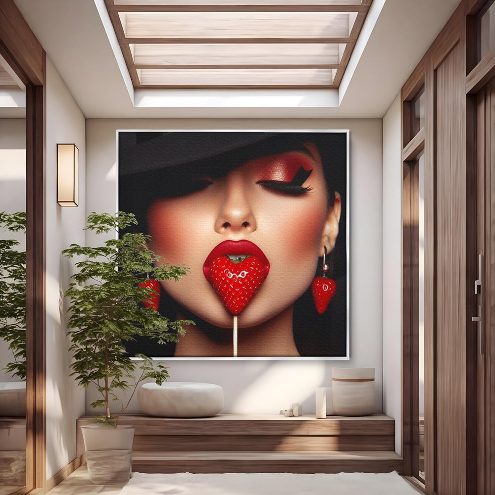 Tablou Canvas Premium, LuxCanva® P1044, Sarutul Capsunii, Sarut, Tentatie, Rosie, Buze, Fruct, Capsuna, Aroma, Gust, Seductie, Glam, Provocator, Senzualitate, Living, Dormitor