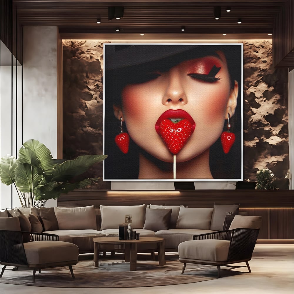 Tablou Canvas Premium, LuxCanva® P1044, Sarutul Capsunii, Sarut, Tentatie, Rosie, Buze, Fruct, Capsuna, Aroma, Gust, Seductie, Glam, Provocator, Senzualitate, Living, Dormitor