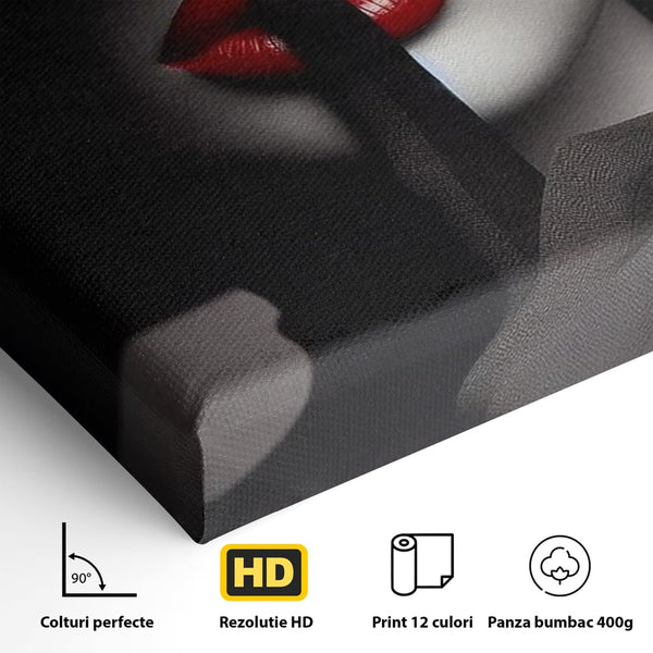 Tablou Canvas Premium, LuxCanva® P1045, Doamna cu Trandafiri, Sarut, Tacere, Palarie, Liniste, Ascultare, Diva, Senzualitate, Eclipsa, Rosu, Negru, Glamour, Living, Dormitor