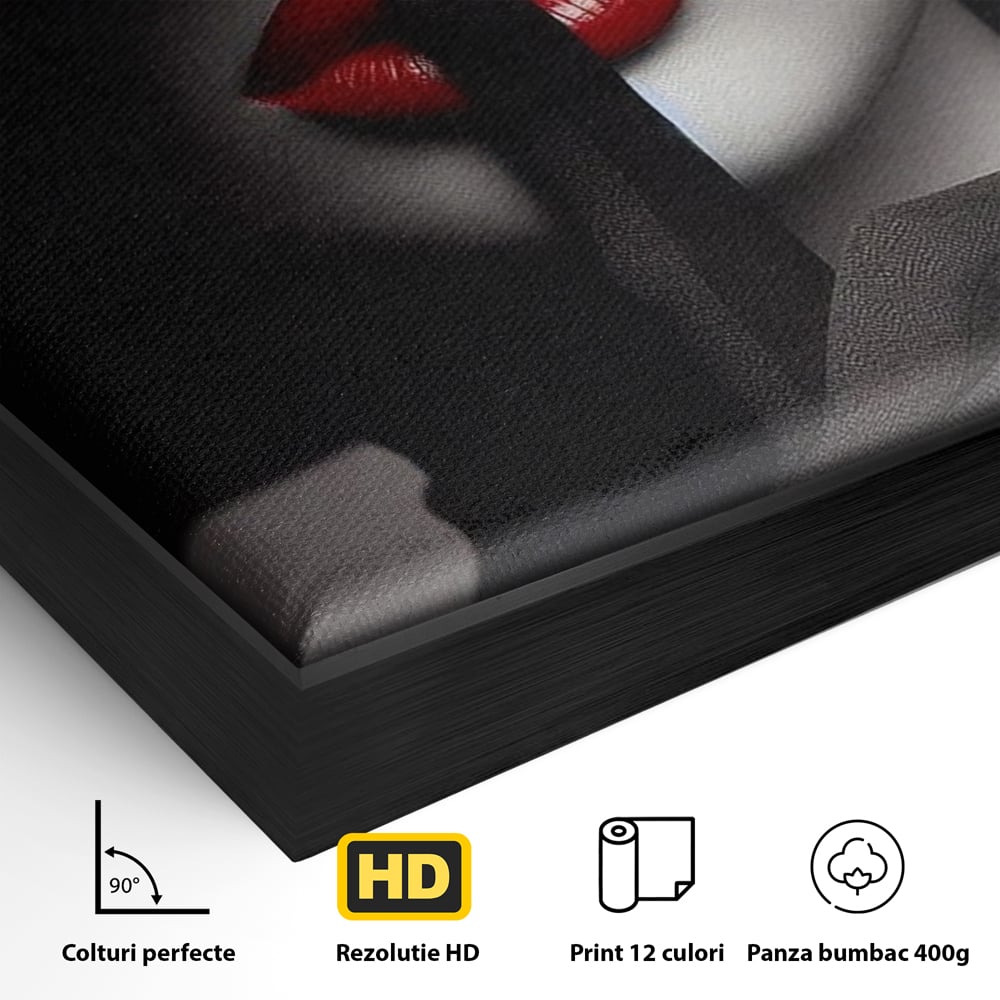 Tablou Canvas Premium, LuxCanva® P1045, Doamna cu Trandafiri, Sarut, Tacere, Palarie, Liniste, Ascultare, Diva, Senzualitate, Eclipsa, Rosu, Negru, Glamour, Living, Dormitor