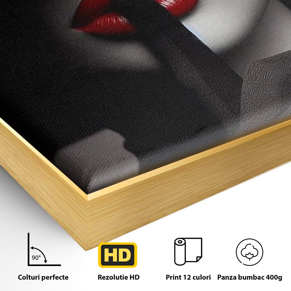 Tablou Canvas Premium, LuxCanva® P1045, Doamna cu Trandafiri, Sarut, Tacere, Palarie, Liniste, Ascultare, Diva, Senzualitate, Eclipsa, Rosu, Negru, Glamour, Living, Dormitor