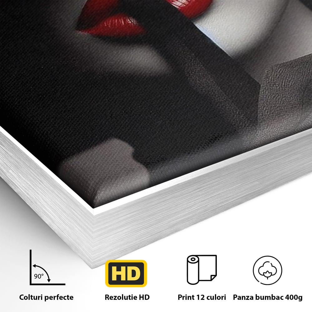 Tablou Canvas Premium, LuxCanva® P1045, Doamna cu Trandafiri, Sarut, Tacere, Palarie, Liniste, Ascultare, Diva, Senzualitate, Eclipsa, Rosu, Negru, Glamour, Living, Dormitor