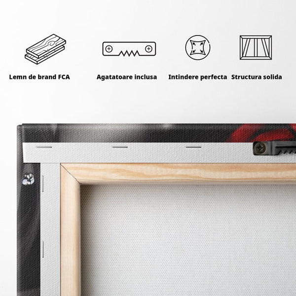 Tablou Canvas Premium, LuxCanva® P1045, Doamna cu Trandafiri, Sarut, Tacere, Palarie, Liniste, Ascultare, Diva, Senzualitate, Eclipsa, Rosu, Negru, Glamour, Living, Dormitor