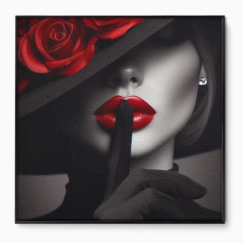 Tablou Canvas Premium, LuxCanva® P1045, Doamna cu Trandafiri, Sarut, Tacere, Palarie, Liniste, Ascultare, Diva, Senzualitate, Eclipsa, Rosu, Negru, Glamour, Living, Dormitor