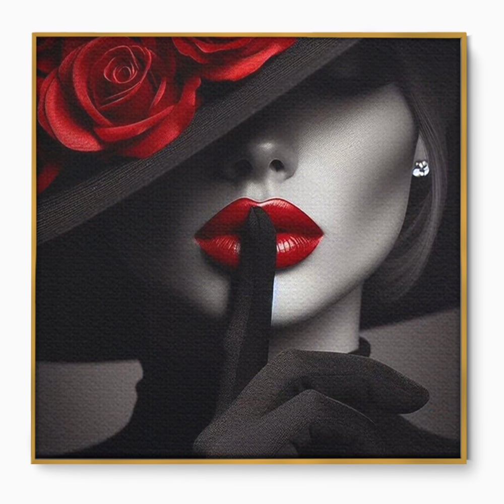 Tablou Canvas Premium, LuxCanva® P1045, Doamna cu Trandafiri, Sarut, Tacere, Palarie, Liniste, Ascultare, Diva, Senzualitate, Eclipsa, Rosu, Negru, Glamour, Living, Dormitor