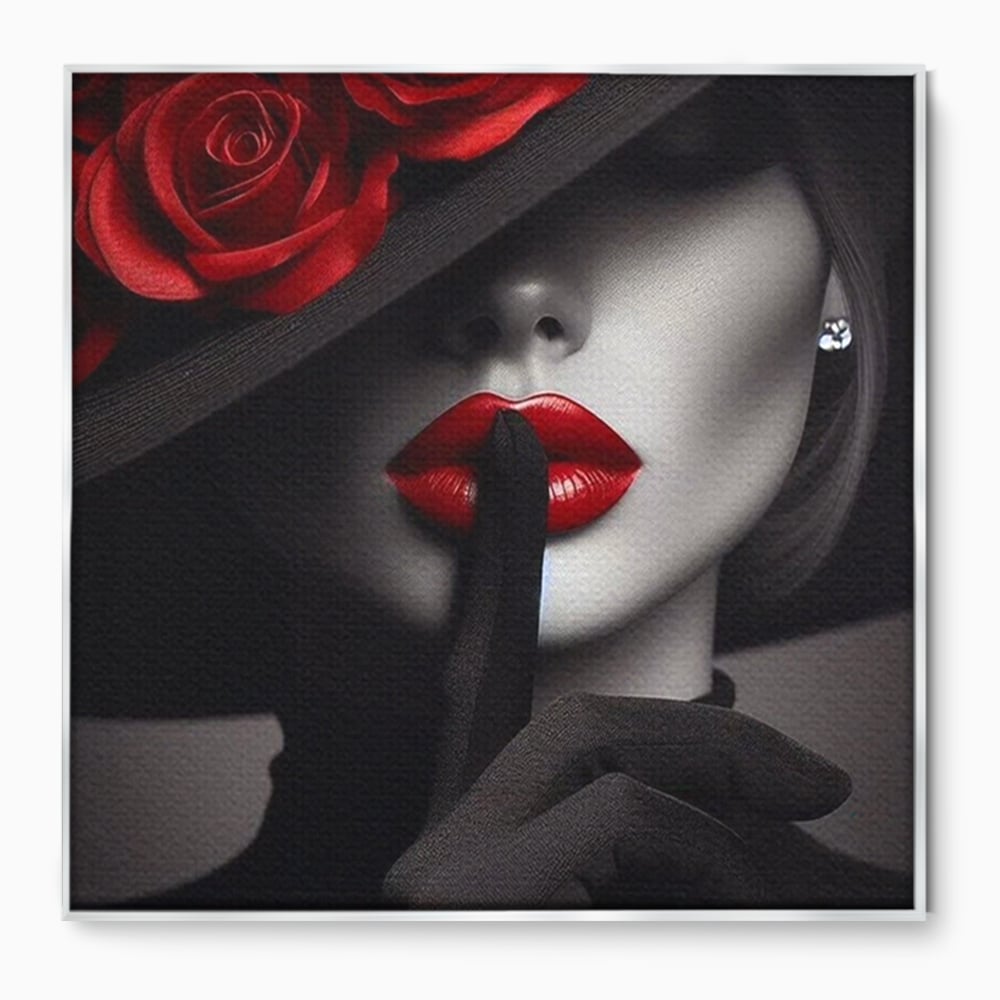 Tablou Canvas Premium, LuxCanva® P1045, Doamna cu Trandafiri, Sarut, Tacere, Palarie, Liniste, Ascultare, Diva, Senzualitate, Eclipsa, Rosu, Negru, Glamour, Living, Dormitor