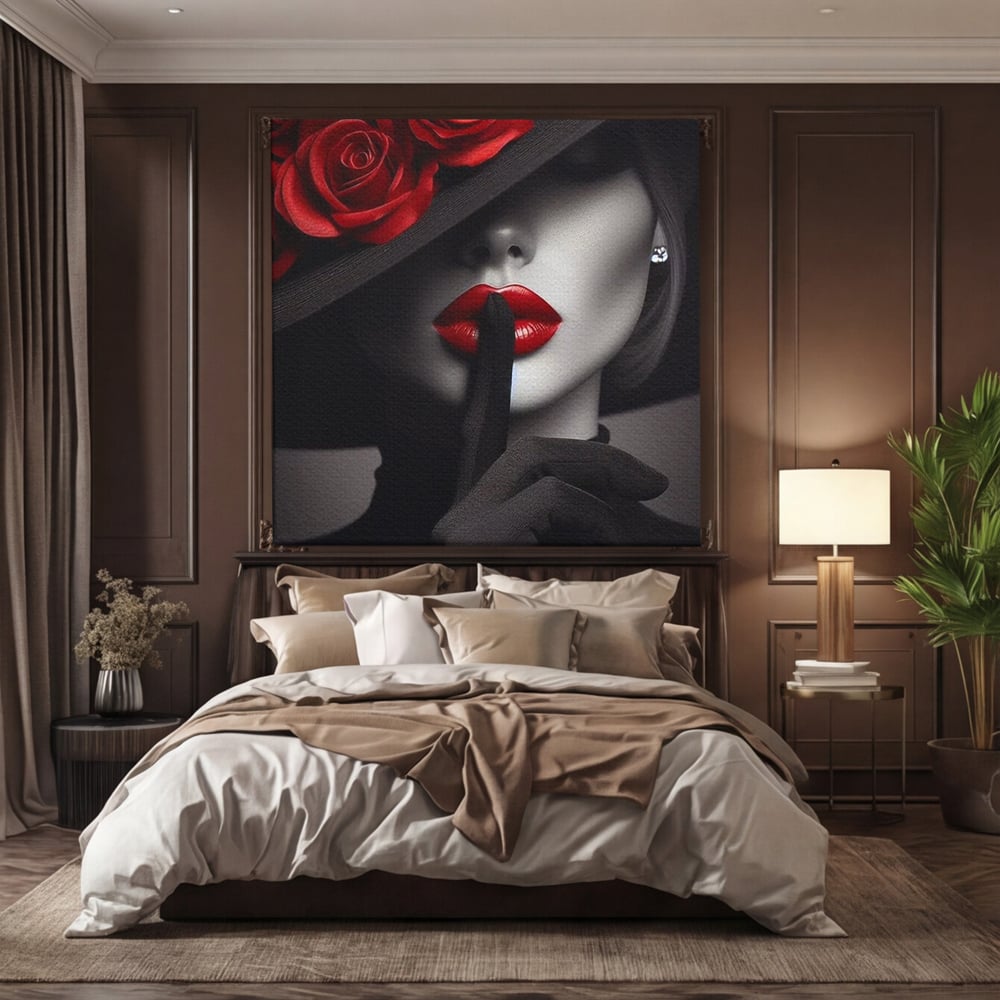 Tablou Canvas Premium, LuxCanva® P1045, Doamna cu Trandafiri, Sarut, Tacere, Palarie, Liniste, Ascultare, Diva, Senzualitate, Eclipsa, Rosu, Negru, Glamour, Living, Dormitor