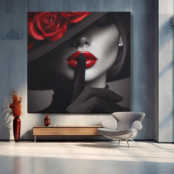 Tablou Canvas Premium, LuxCanva® P1045, Doamna cu Trandafiri, Sarut, Tacere, Palarie, Liniste, Ascultare, Diva, Senzualitate, Eclipsa, Rosu, Negru, Glamour, Living, Dormitor