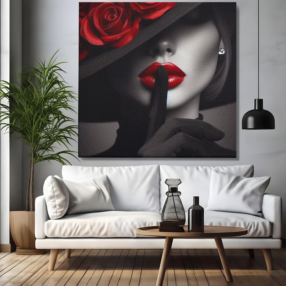 Tablou Canvas Premium, LuxCanva® P1045, Doamna cu Trandafiri, Sarut, Tacere, Palarie, Liniste, Ascultare, Diva, Senzualitate, Eclipsa, Rosu, Negru, Glamour, Living, Dormitor
