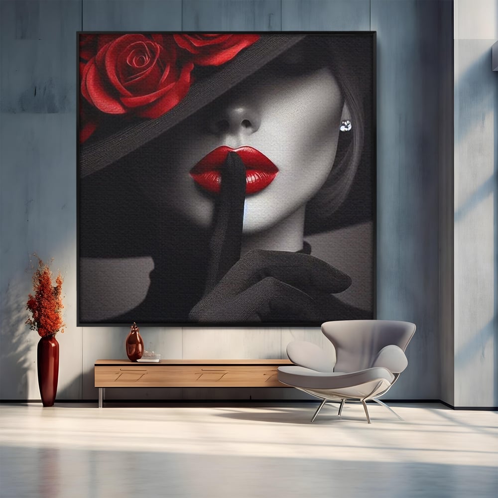 Tablou Canvas Premium, LuxCanva® P1045, Doamna cu Trandafiri, Sarut, Tacere, Palarie, Liniste, Ascultare, Diva, Senzualitate, Eclipsa, Rosu, Negru, Glamour, Living, Dormitor