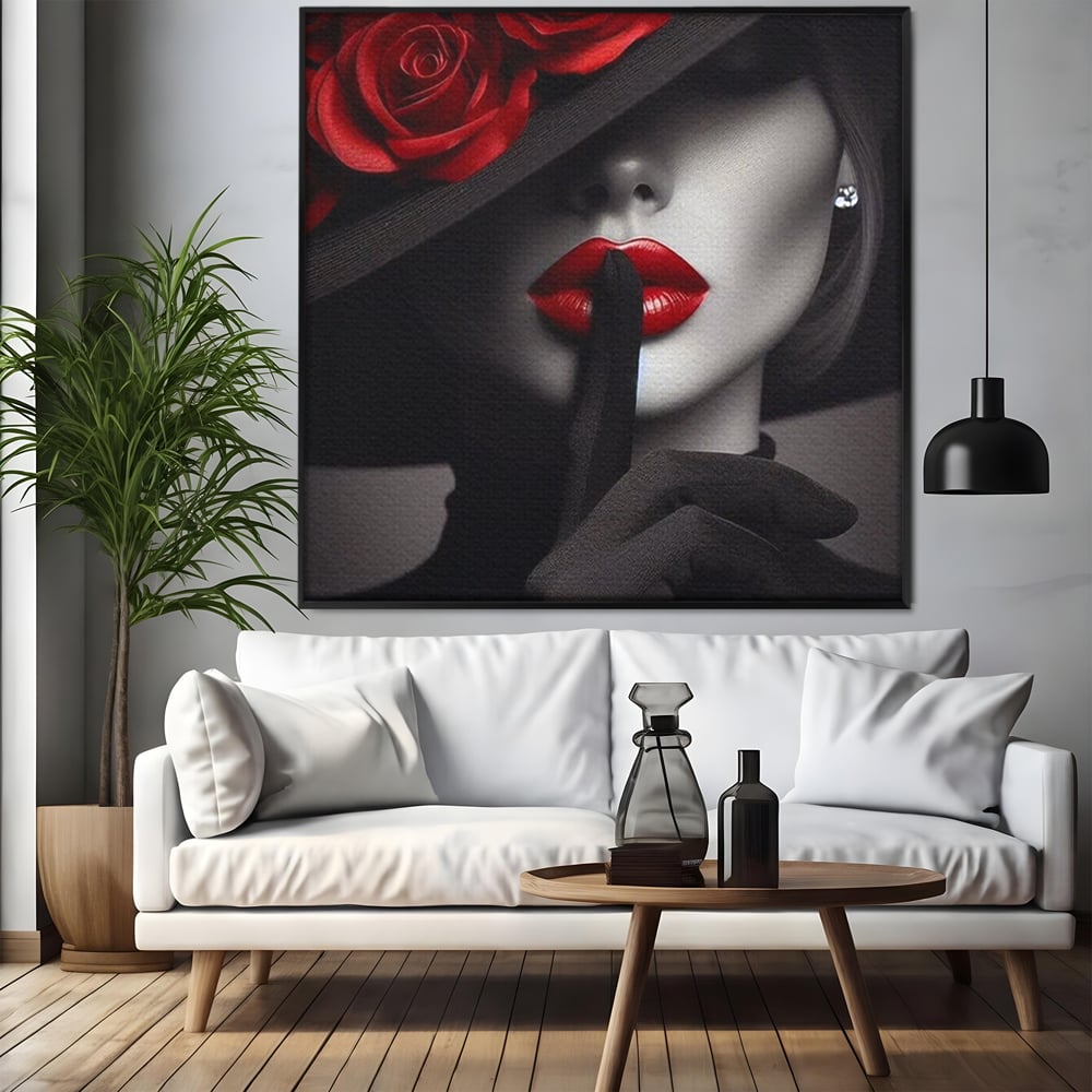 Tablou Canvas Premium, LuxCanva® P1045, Doamna cu Trandafiri, Sarut, Tacere, Palarie, Liniste, Ascultare, Diva, Senzualitate, Eclipsa, Rosu, Negru, Glamour, Living, Dormitor