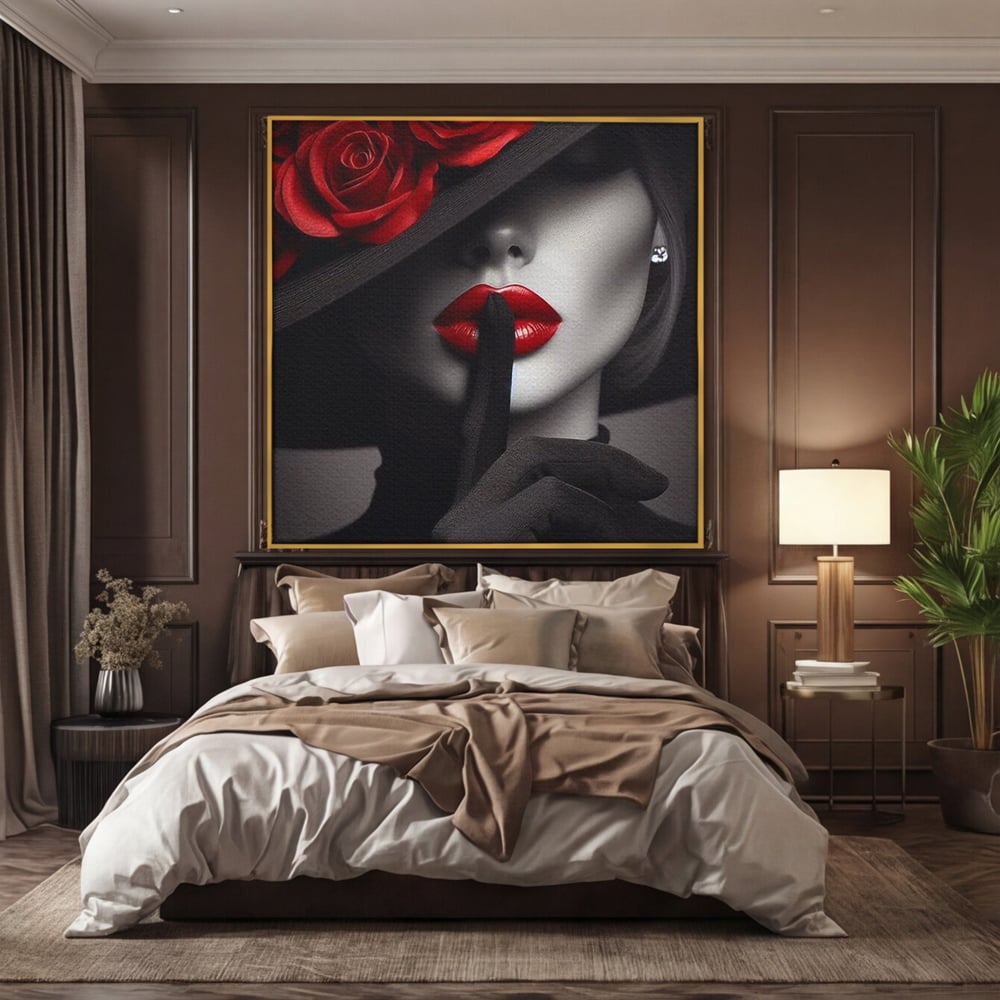Tablou Canvas Premium, LuxCanva® P1045, Doamna cu Trandafiri, Sarut, Tacere, Palarie, Liniste, Ascultare, Diva, Senzualitate, Eclipsa, Rosu, Negru, Glamour, Living, Dormitor