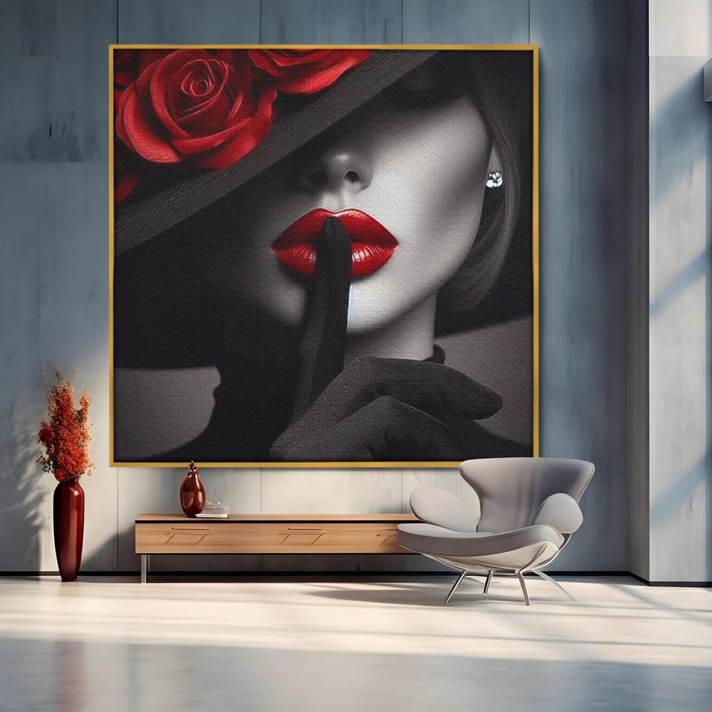 Tablou Canvas Premium, LuxCanva® P1045, Doamna cu Trandafiri, Sarut, Tacere, Palarie, Liniste, Ascultare, Diva, Senzualitate, Eclipsa, Rosu, Negru, Glamour, Living, Dormitor