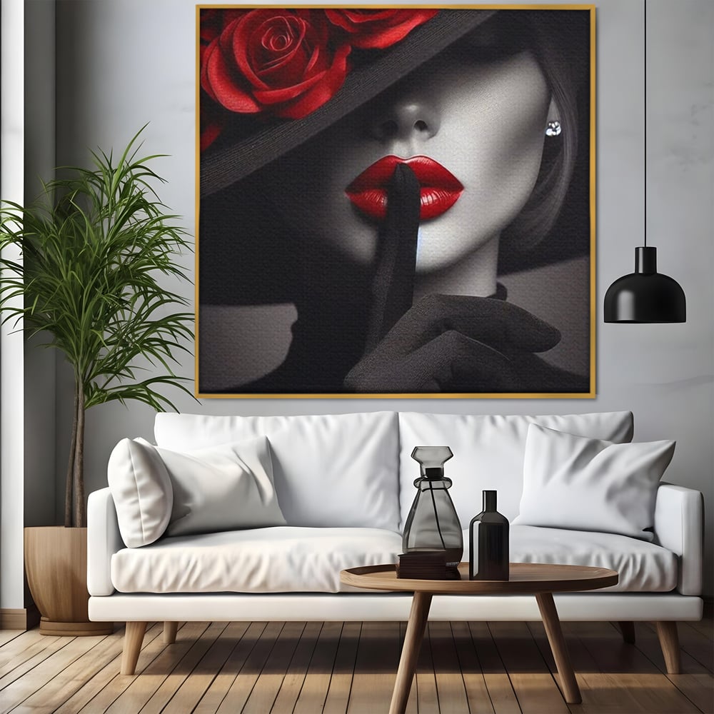 Tablou Canvas Premium, LuxCanva® P1045, Doamna cu Trandafiri, Sarut, Tacere, Palarie, Liniste, Ascultare, Diva, Senzualitate, Eclipsa, Rosu, Negru, Glamour, Living, Dormitor