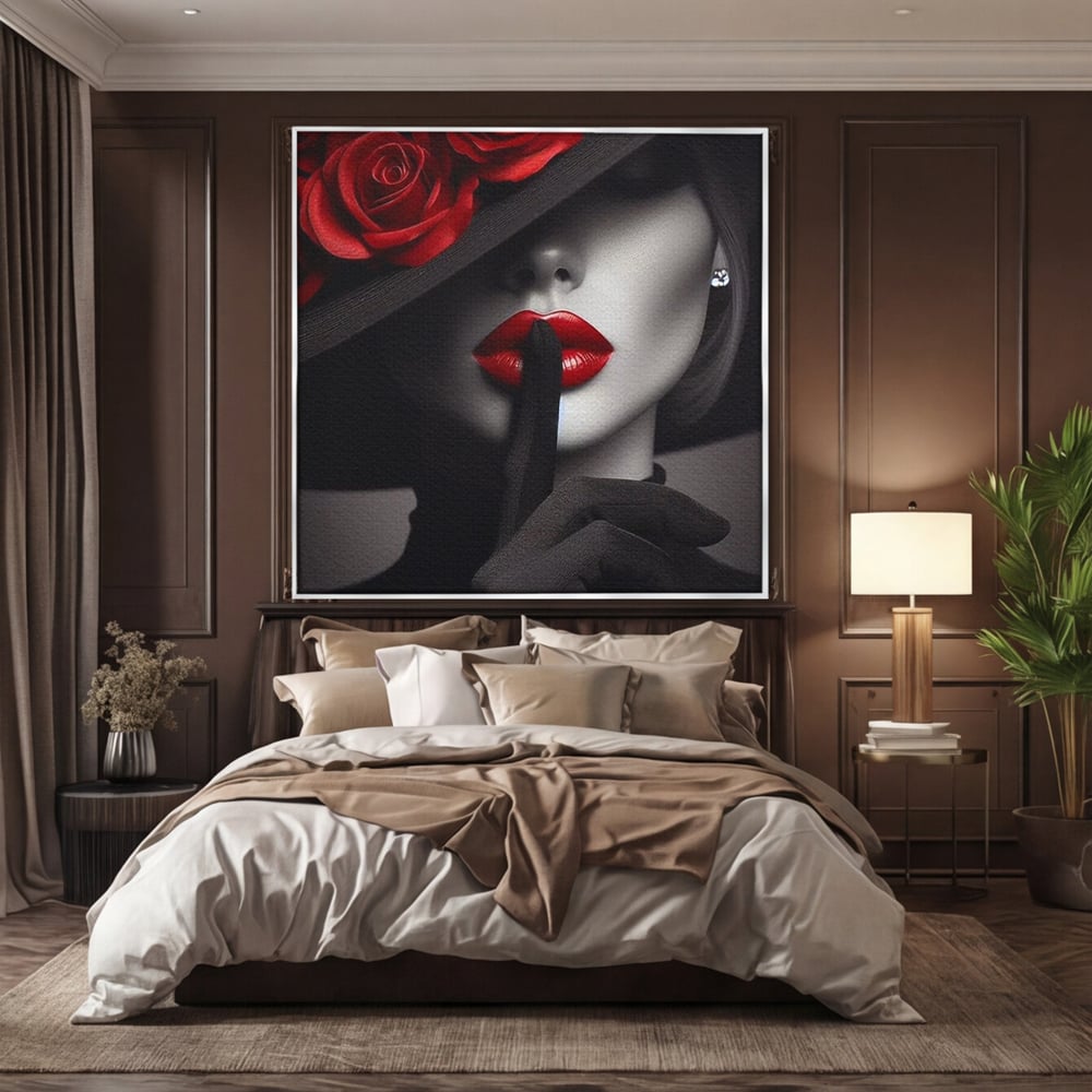 Tablou Canvas Premium, LuxCanva® P1045, Doamna cu Trandafiri, Sarut, Tacere, Palarie, Liniste, Ascultare, Diva, Senzualitate, Eclipsa, Rosu, Negru, Glamour, Living, Dormitor
