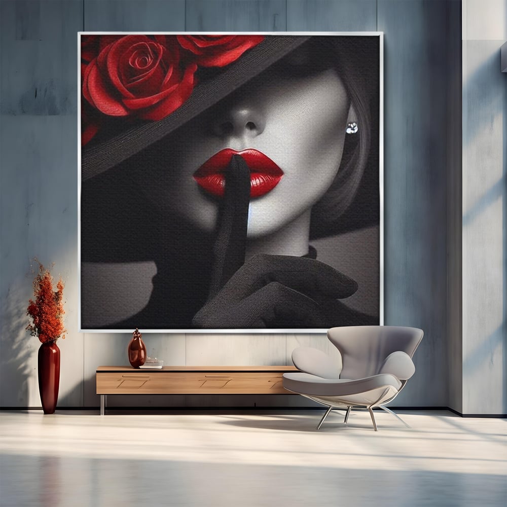 Tablou Canvas Premium, LuxCanva® P1045, Doamna cu Trandafiri, Sarut, Tacere, Palarie, Liniste, Ascultare, Diva, Senzualitate, Eclipsa, Rosu, Negru, Glamour, Living, Dormitor