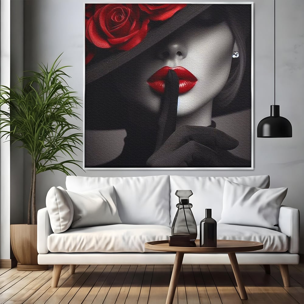 Tablou Canvas Premium, LuxCanva® P1045, Doamna cu Trandafiri, Sarut, Tacere, Palarie, Liniste, Ascultare, Diva, Senzualitate, Eclipsa, Rosu, Negru, Glamour, Living, Dormitor