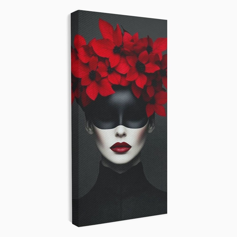 Tablou Canvas Premium, LuxCanva® P1046, Imparateasa in Negru si Rosu, Regina, Intunecat, Rosu, Coroana, Flori, Regal, Dramatic, Masca, Feminitate, Iubire, Living, Dormitor