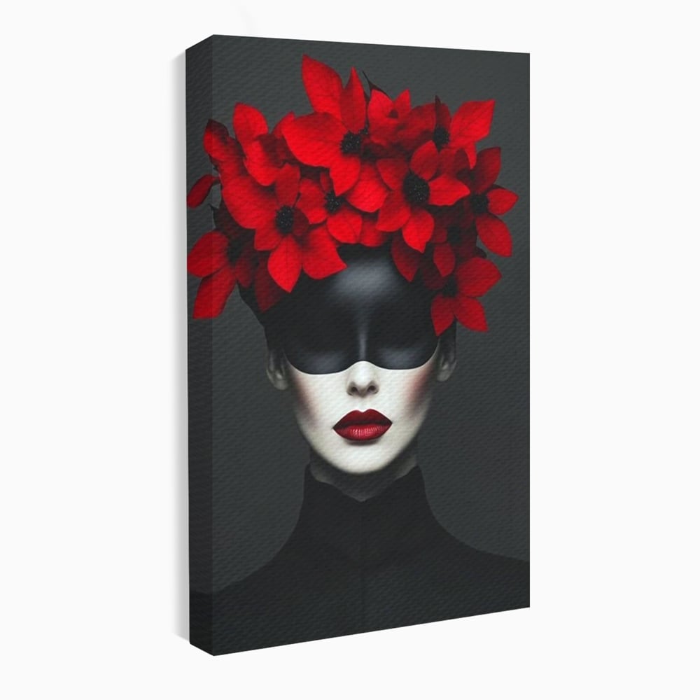 Tablou Canvas Premium, LuxCanva® P1046, Imparateasa in Negru si Rosu, Regina, Intunecat, Rosu, Coroana, Flori, Regal, Dramatic, Masca, Feminitate, Iubire, Living, Dormitor