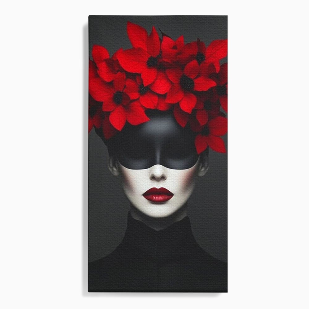 Tablou Canvas Premium, LuxCanva® P1046, Imparateasa in Negru si Rosu, Regina, Intunecat, Rosu, Coroana, Flori, Regal, Dramatic, Masca, Feminitate, Iubire, Living, Dormitor
