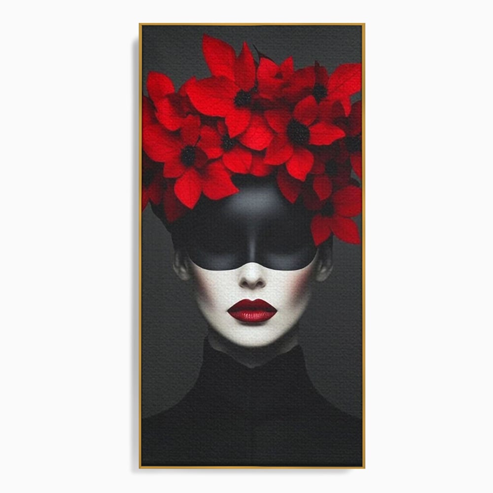 Tablou Canvas Premium, LuxCanva® P1046, Imparateasa in Negru si Rosu, Regina, Intunecat, Rosu, Coroana, Flori, Regal, Dramatic, Masca, Feminitate, Iubire, Living, Dormitor