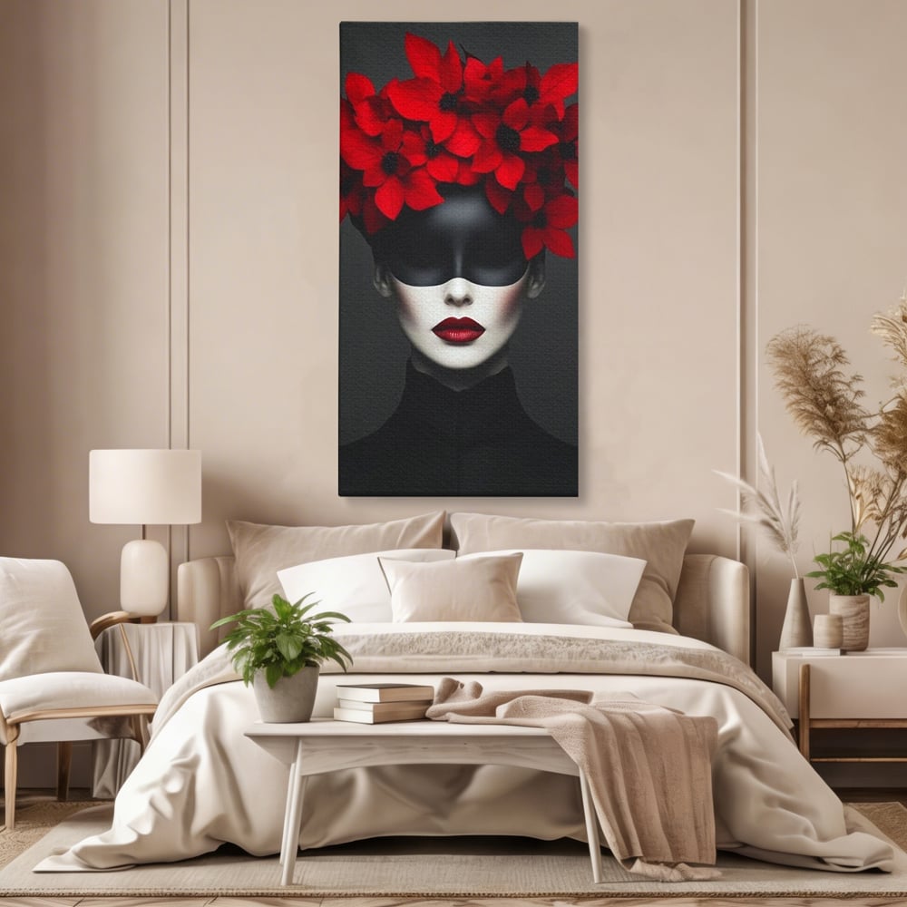 Tablou Canvas Premium, LuxCanva® P1046, Imparateasa in Negru si Rosu, Regina, Intunecat, Rosu, Coroana, Flori, Regal, Dramatic, Masca, Feminitate, Iubire, Living, Dormitor