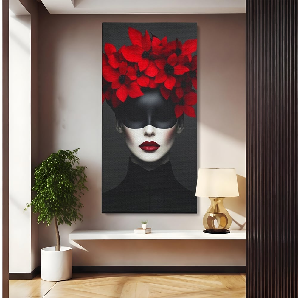 Tablou Canvas Premium, LuxCanva® P1046, Imparateasa in Negru si Rosu, Regina, Intunecat, Rosu, Coroana, Flori, Regal, Dramatic, Masca, Feminitate, Iubire, Living, Dormitor