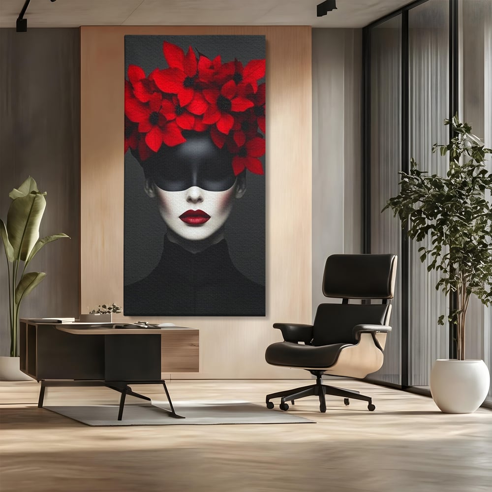 Tablou Canvas Premium, LuxCanva® P1046, Imparateasa in Negru si Rosu, Regina, Intunecat, Rosu, Coroana, Flori, Regal, Dramatic, Masca, Feminitate, Iubire, Living, Dormitor