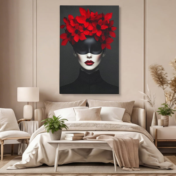 Tablou Canvas Premium, LuxCanva® P1046, Imparateasa in Negru si Rosu, Regina, Intunecat, Rosu, Coroana, Flori, Regal, Dramatic, Masca, Feminitate, Iubire, Living, Dormitor