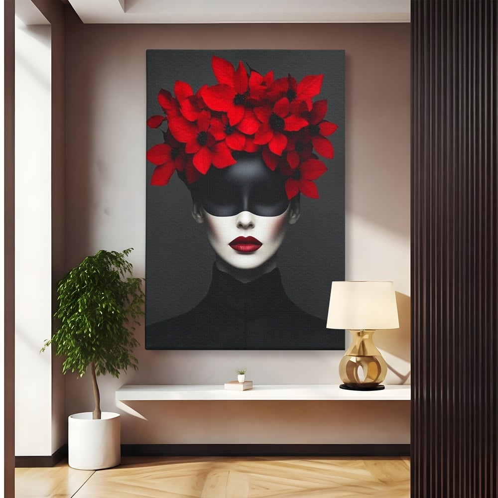 Tablou Canvas Premium, LuxCanva® P1046, Imparateasa in Negru si Rosu, Regina, Intunecat, Rosu, Coroana, Flori, Regal, Dramatic, Masca, Feminitate, Iubire, Living, Dormitor