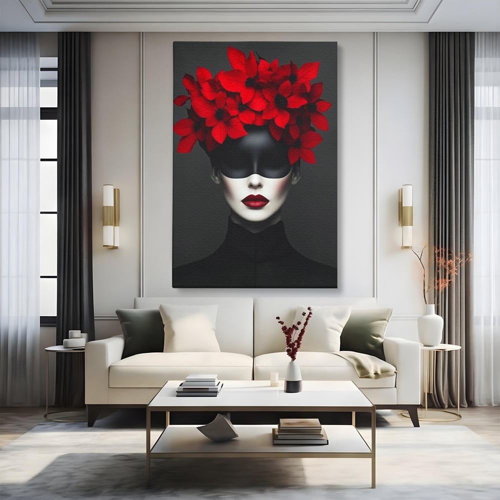 Tablou Canvas Premium, LuxCanva® P1046, Imparateasa in Negru si Rosu, Regina, Intunecat, Rosu, Coroana, Flori, Regal, Dramatic, Masca, Feminitate, Iubire, Living, Dormitor