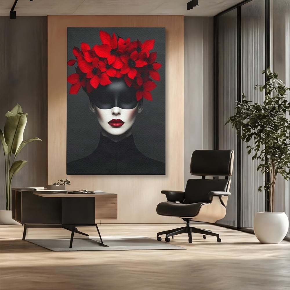 Tablou Canvas Premium, LuxCanva® P1046, Imparateasa in Negru si Rosu, Regina, Intunecat, Rosu, Coroana, Flori, Regal, Dramatic, Masca, Feminitate, Iubire, Living, Dormitor