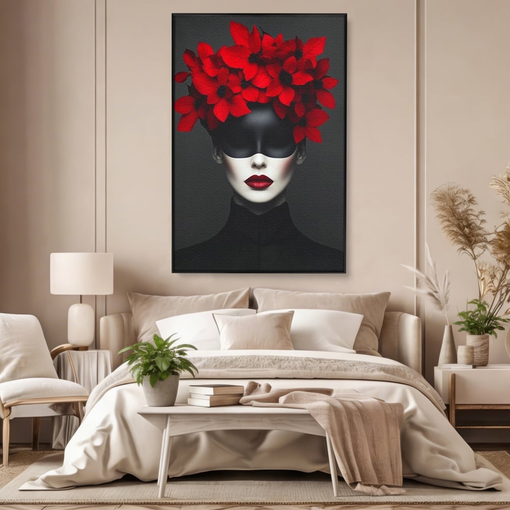 Tablou Canvas Premium, LuxCanva® P1046, Imparateasa in Negru si Rosu, Regina, Intunecat, Rosu, Coroana, Flori, Regal, Dramatic, Masca, Feminitate, Iubire, Living, Dormitor