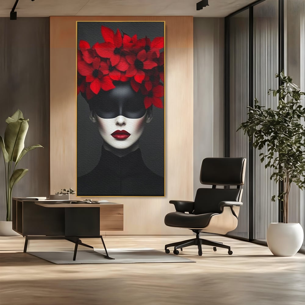 Tablou Canvas Premium, LuxCanva® P1046, Imparateasa in Negru si Rosu, Regina, Intunecat, Rosu, Coroana, Flori, Regal, Dramatic, Masca, Feminitate, Iubire, Living, Dormitor
