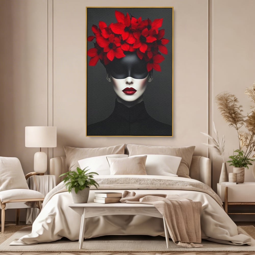 Tablou Canvas Premium, LuxCanva® P1046, Imparateasa in Negru si Rosu, Regina, Intunecat, Rosu, Coroana, Flori, Regal, Dramatic, Masca, Feminitate, Iubire, Living, Dormitor