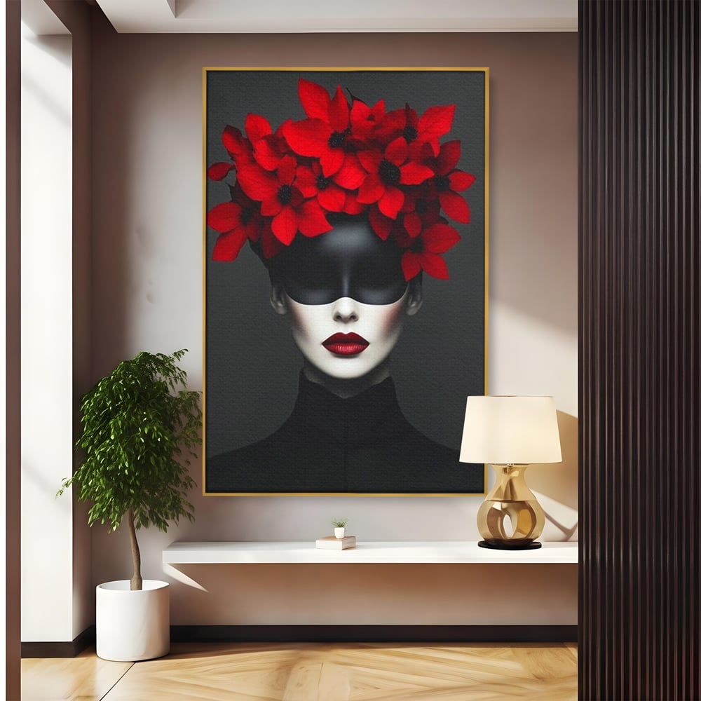 Tablou Canvas Premium, LuxCanva® P1046, Imparateasa in Negru si Rosu, Regina, Intunecat, Rosu, Coroana, Flori, Regal, Dramatic, Masca, Feminitate, Iubire, Living, Dormitor