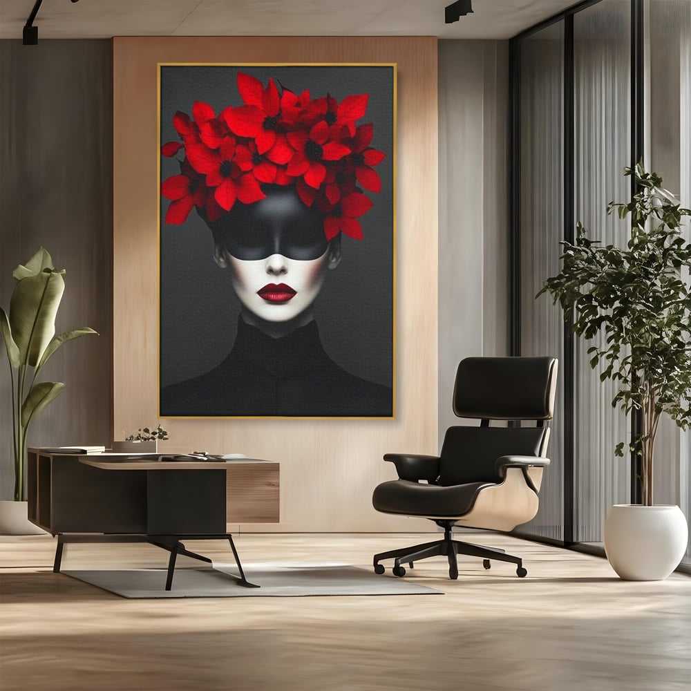Tablou Canvas Premium, LuxCanva® P1046, Imparateasa in Negru si Rosu, Regina, Intunecat, Rosu, Coroana, Flori, Regal, Dramatic, Masca, Feminitate, Iubire, Living, Dormitor