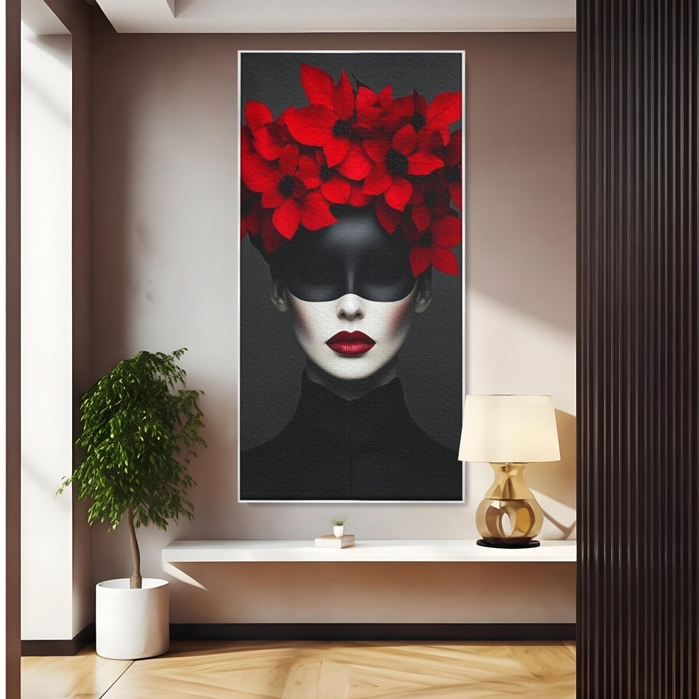 Tablou Canvas Premium, LuxCanva® P1046, Imparateasa in Negru si Rosu, Regina, Intunecat, Rosu, Coroana, Flori, Regal, Dramatic, Masca, Feminitate, Iubire, Living, Dormitor