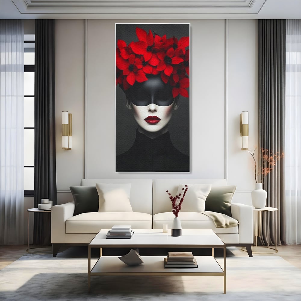 Tablou Canvas Premium, LuxCanva® P1046, Imparateasa in Negru si Rosu, Regina, Intunecat, Rosu, Coroana, Flori, Regal, Dramatic, Masca, Feminitate, Iubire, Living, Dormitor