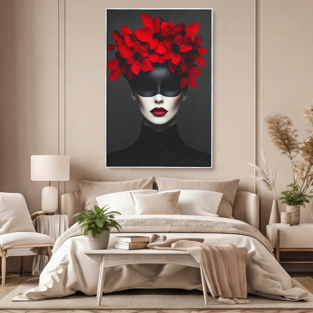 Tablou Canvas Premium, LuxCanva® P1046, Imparateasa in Negru si Rosu, Regina, Intunecat, Rosu, Coroana, Flori, Regal, Dramatic, Masca, Feminitate, Iubire, Living, Dormitor