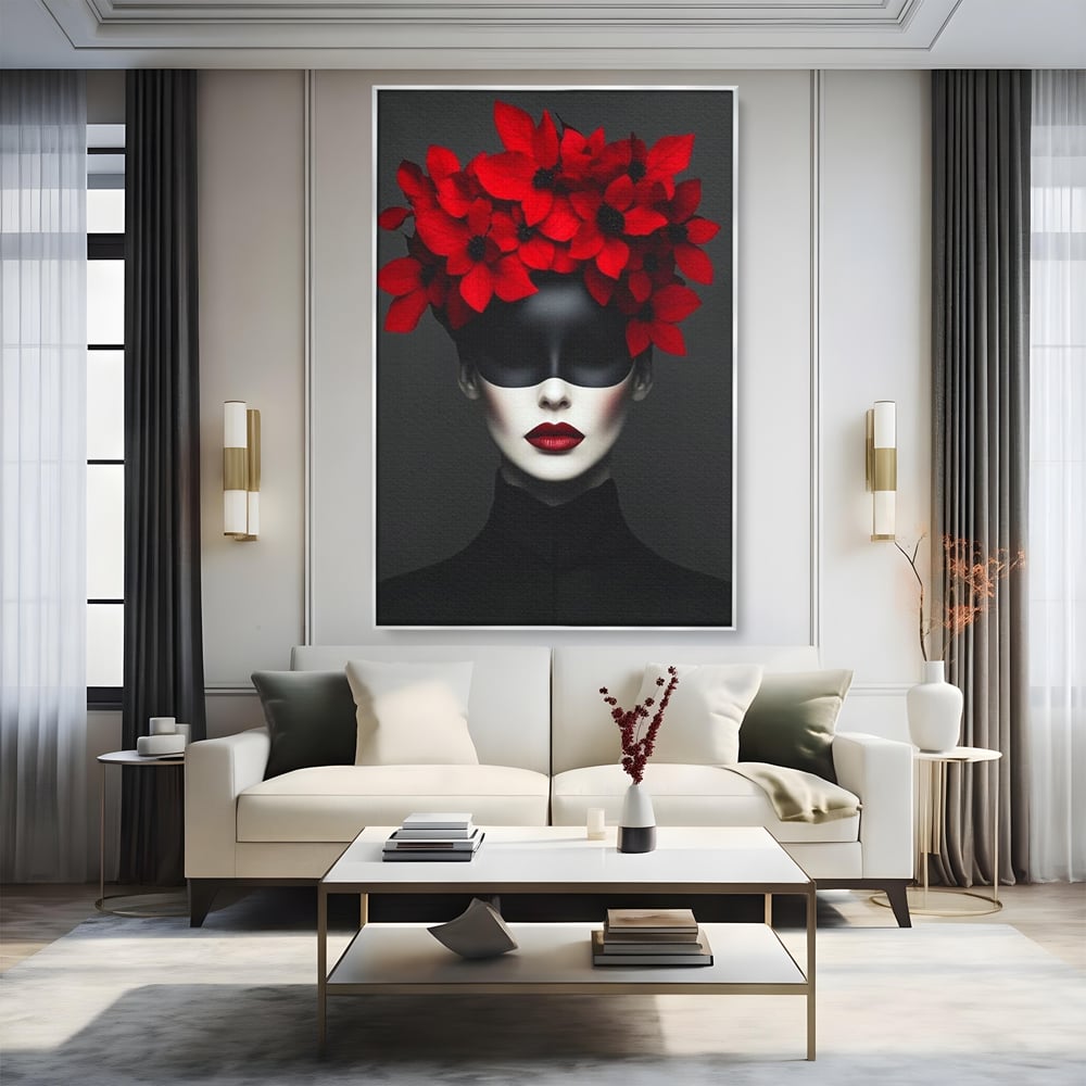 Tablou Canvas Premium, LuxCanva® P1046, Imparateasa in Negru si Rosu, Regina, Intunecat, Rosu, Coroana, Flori, Regal, Dramatic, Masca, Feminitate, Iubire, Living, Dormitor